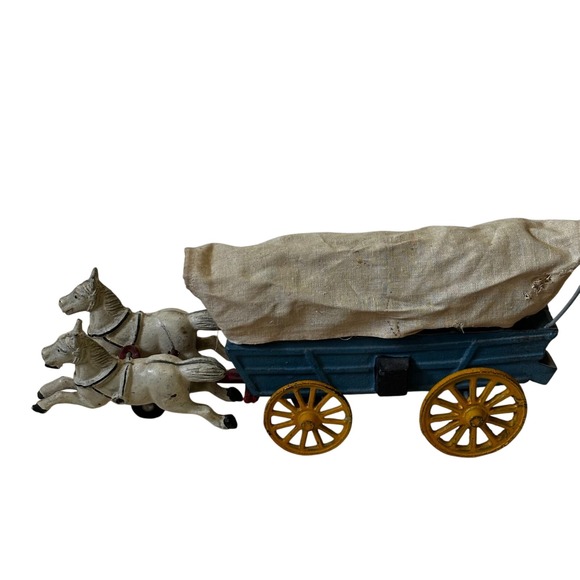 Other - Vintage‎ Cast Iron Horse Drawn Covered Wagon Toy Farm Americana Collectible